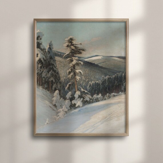 Snowy Forest Valley Winter Pines Rustic Landscape Painting Art Poster