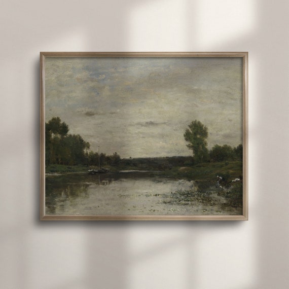 Antique Dark Landscape Art Vintage Laundress Fine Art Print Classic River Painting Shipped Prints C16 494