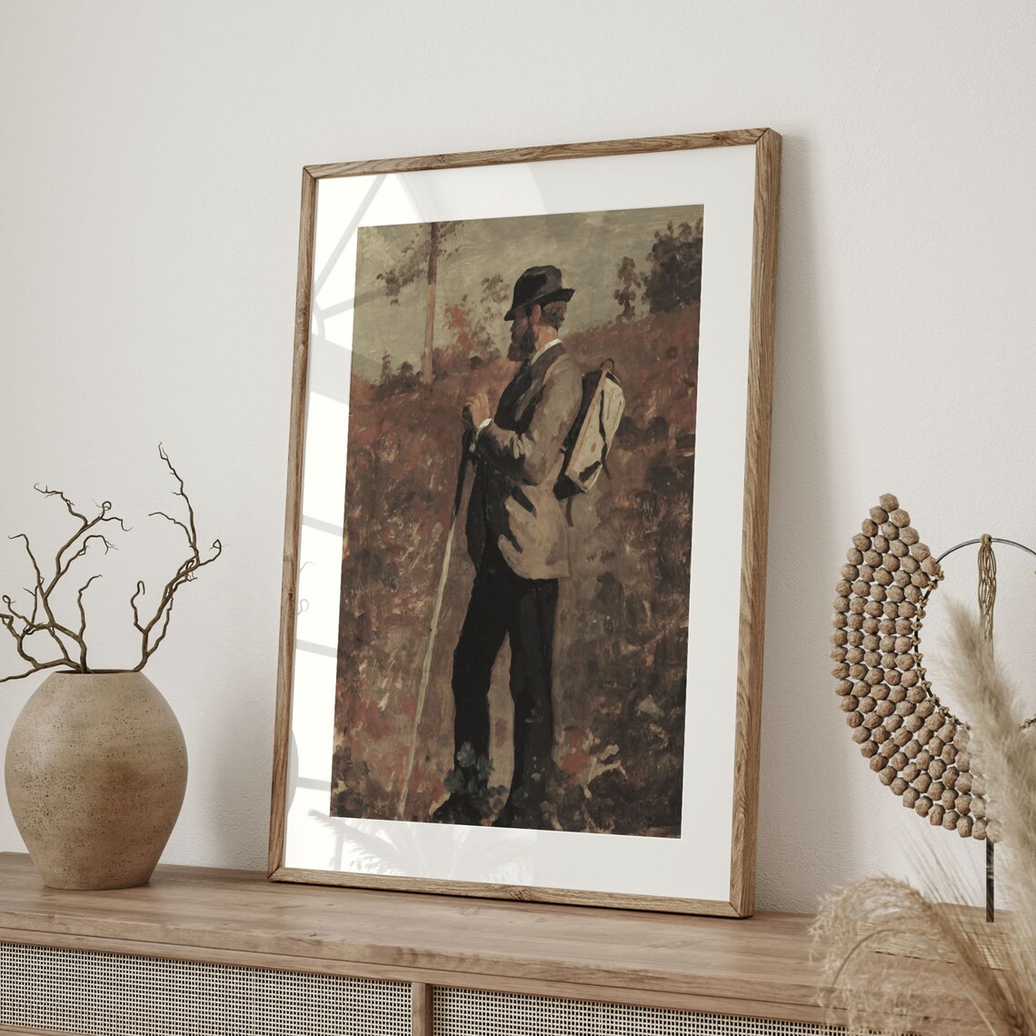 Bearded Hiker with Backpack and Walking Stick Autumn Hillside Painting Poster - Image 4