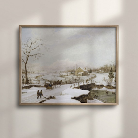 Vintage Winter Snow Horse Sleigh Village Bridge Christmas Poster