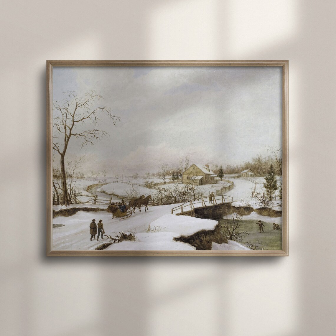 Vintage Winter Snow Horse Sleigh Village Bridge Christmas Poster