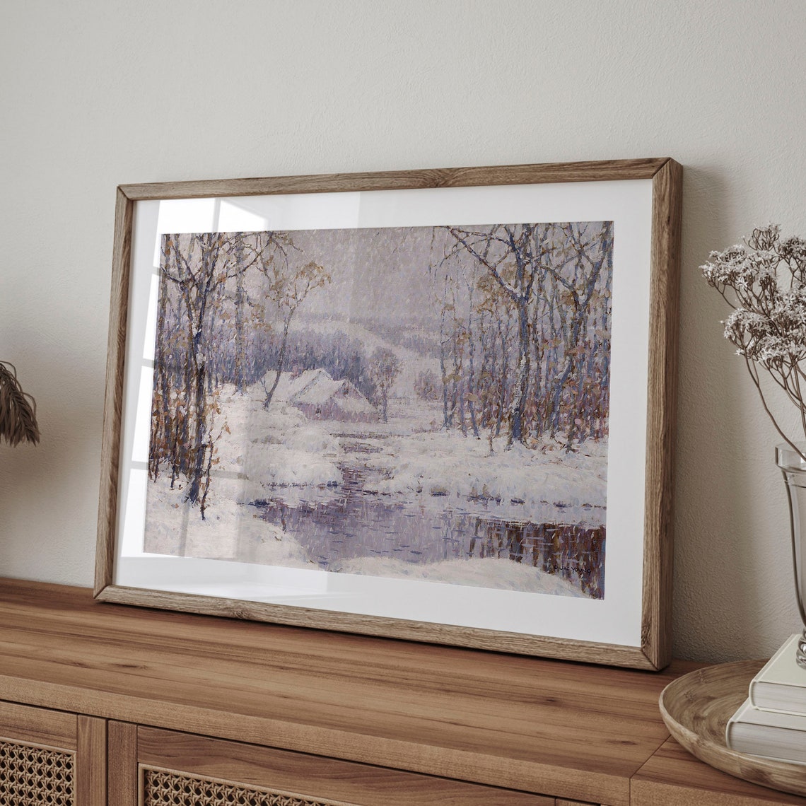Snowy Woodland Stream with a Cottage in Lavender Winter Poster - Image 4
