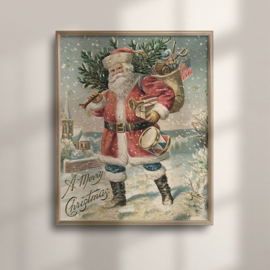 A Merry Christmas Antique Santa Claus Toy Bag Snowy Vintage Art Poster