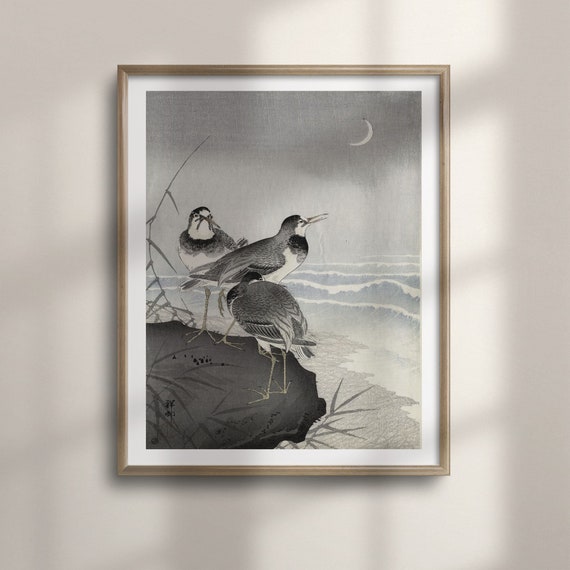 Ohara Koson 1926 Plovers Waves Crescent Moon Poster Japanese Ukiyo E Art Unique Birthday Gift Colorful Living Room Wall Decor C16 1058