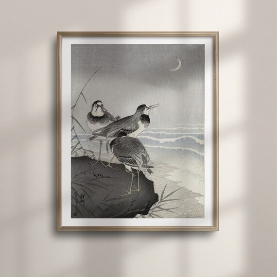 Ohara Koson Plovers at Night Crescent Moon Seashore Japanese Print