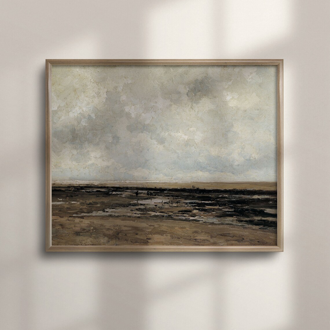 Vast Cloudy Sky Above Moody Tidal Beach Seascape Oil Painting Print