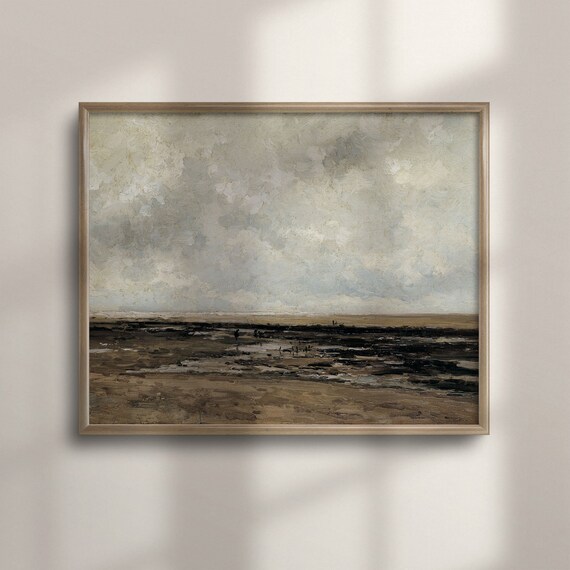 Vast Cloudy Sky Above Moody Tidal Beach Seascape Oil Painting Print