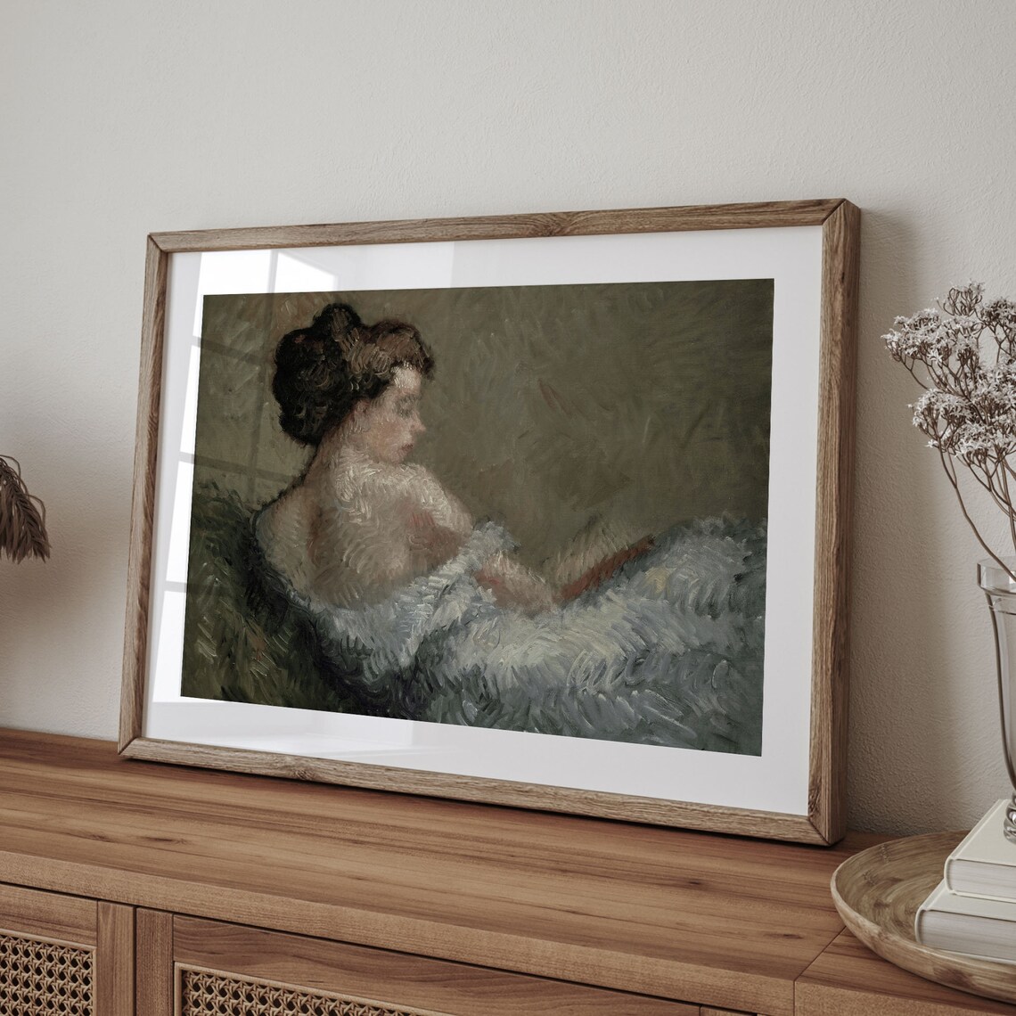 Antique Woman Profile Portrait Dark Bun Moody Oil Painting Art Poster
