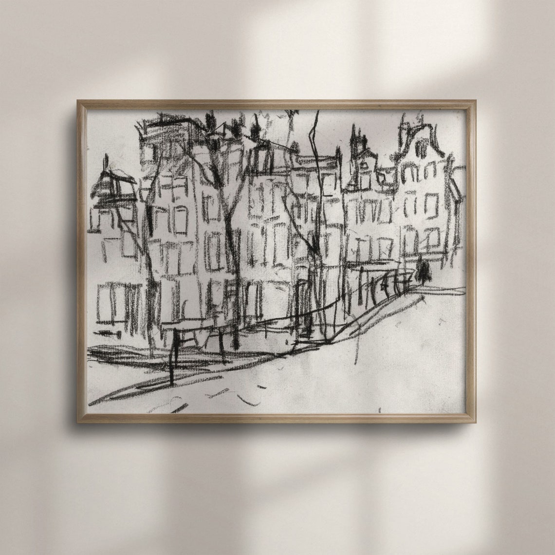 Antique European Street Charcoal Sketch Old Buildings Line Art Poster