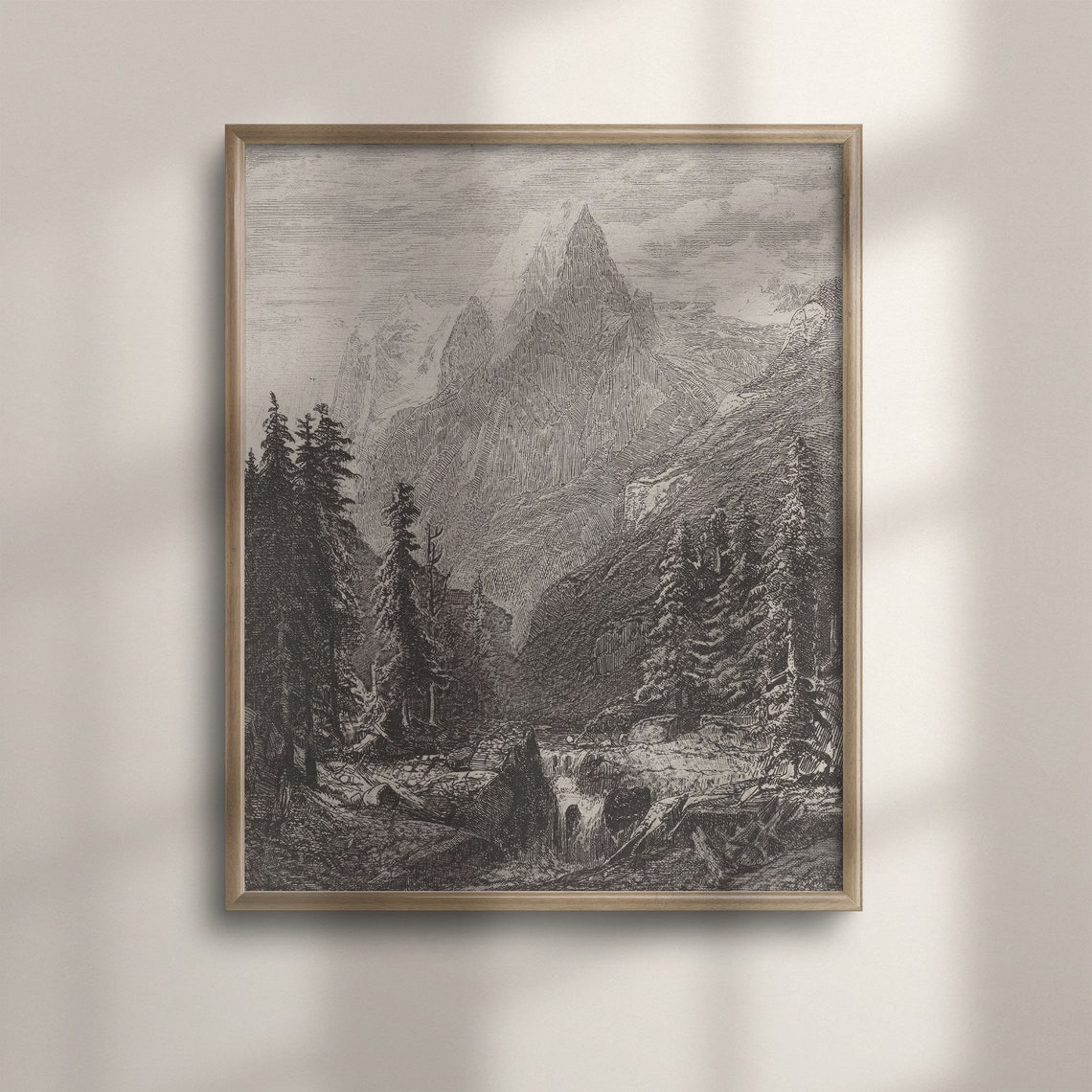 Rustic Rugged Mountain Valley Pine Forest Antique Engraving Print
