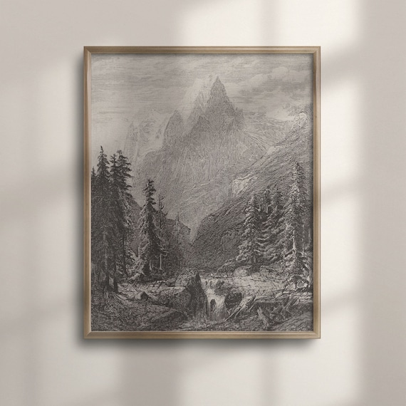 Rustic Mountain Landscape Art Vintage Nature Sketch Cabin Rustic Wall Decor Vintage Home Accent Neutral Wall Art Posterwork C16 1117