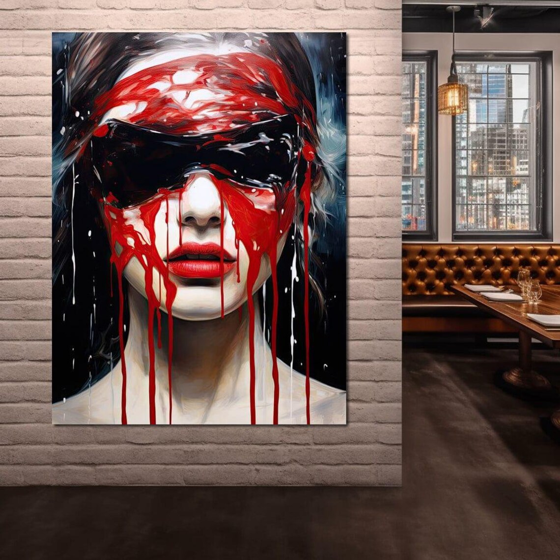 Red Veil Paint Drips Blindfolded Woman Edgy Gothic Portrait Poster - Image 3