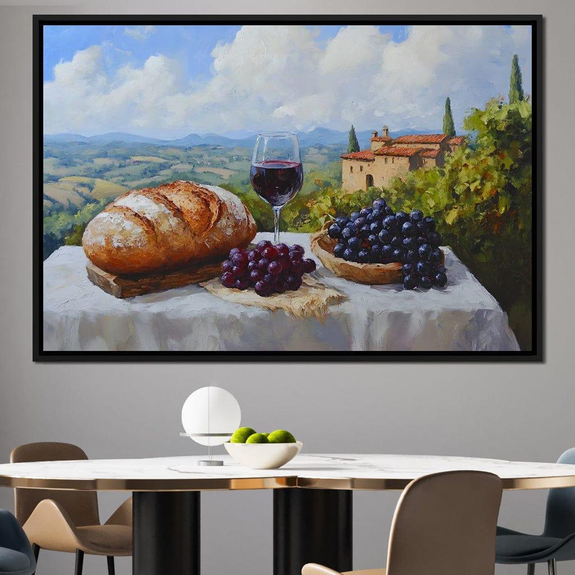Tuscan Vineyard Table with Wine Glass Bread and Grapes Poster