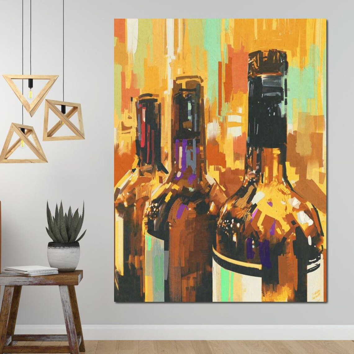 Three Wine Bottles Abstract Art Amber Oil Painting Kitchen Bar Wall Print - Image 4