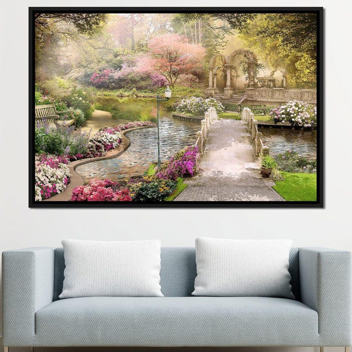 Dreamy Garden Bridge Flower Pond Romantic Spring Landscape Poster - Image 4