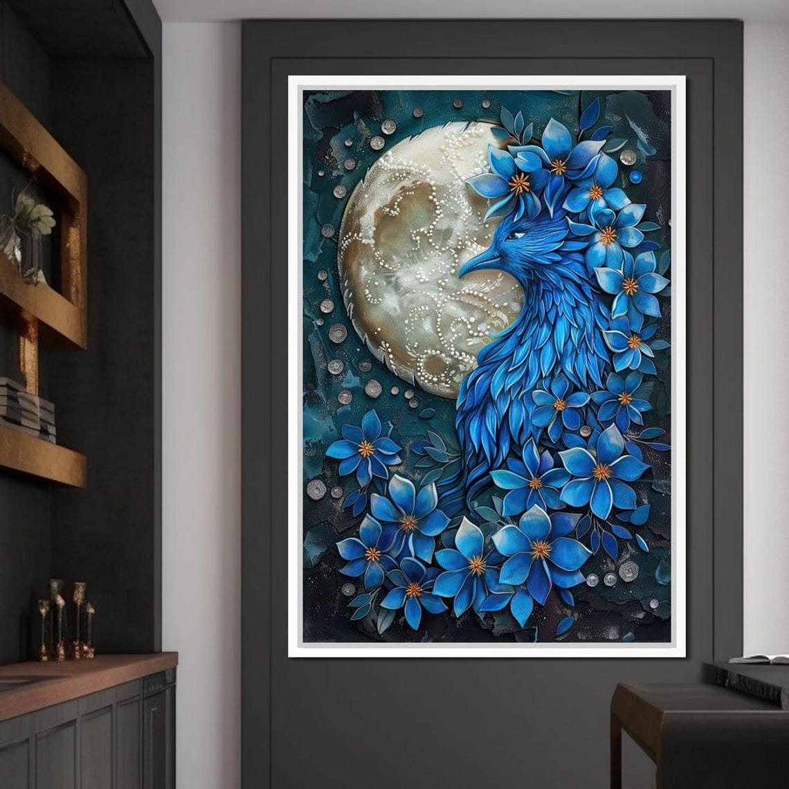 Blue Bird Moonlit Blossoms Night Full Moon Floral Celestial Poster - Image 2