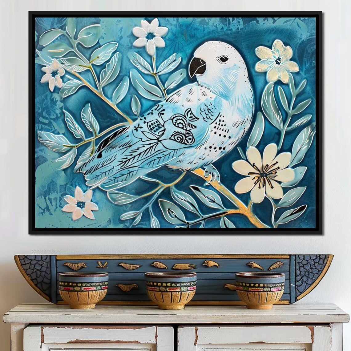 Blue Parrot On Blossom Branch Teal Botanical Bird Wall Art Print - Image 4