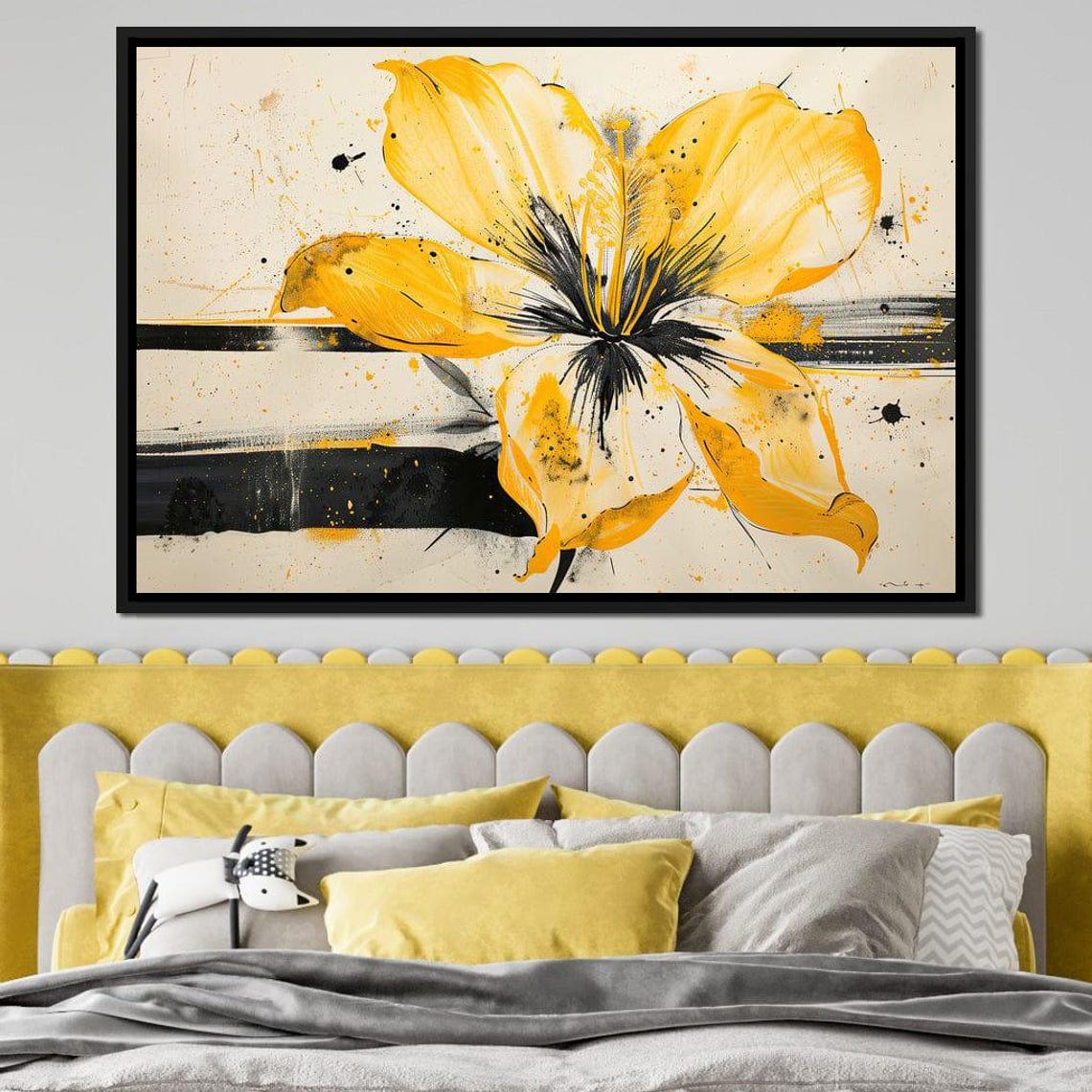 Golden Yellow Hibiscus Black Stripes Modern Abstract Art Print - Image 3