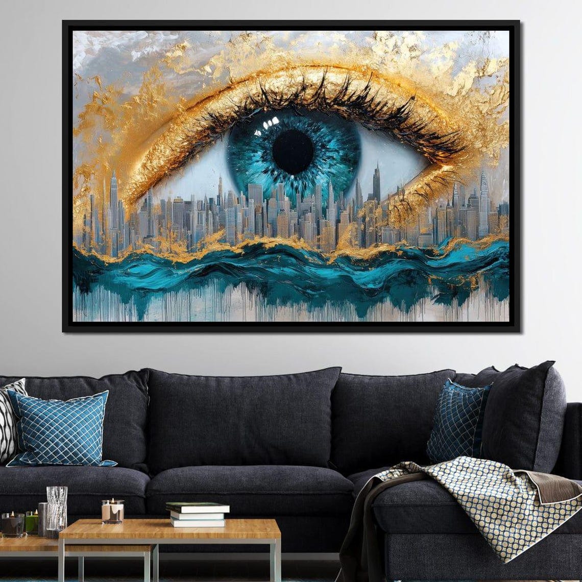 Teal Eye Gold Leaf City Skyline Ocean Waves Surreal Urban Wall Art - Image 3