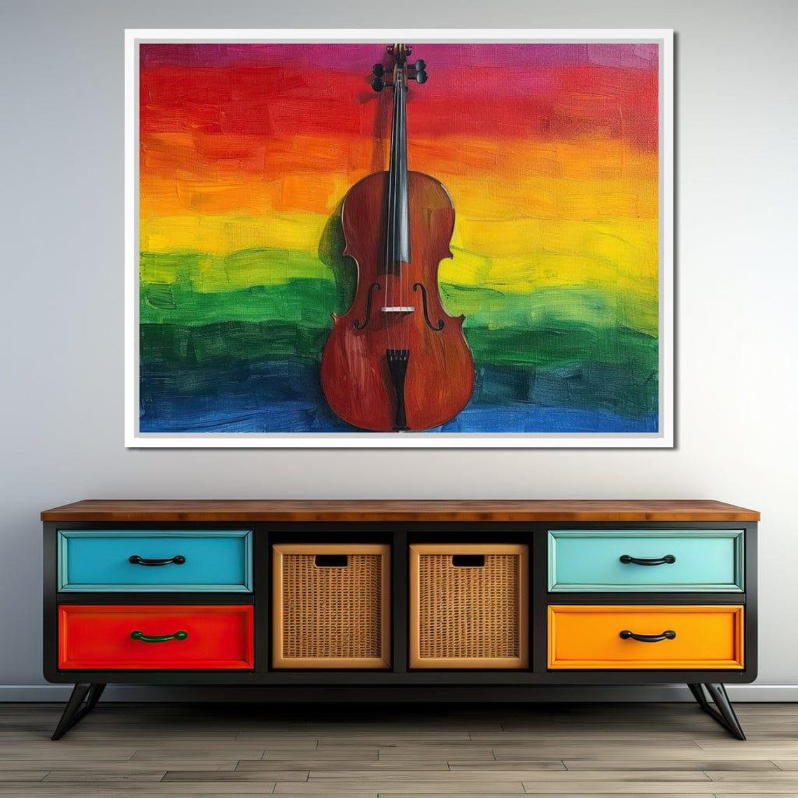 Violin Against Rainbow Bright Colorful Musical Instrument Wall Art - Image 4