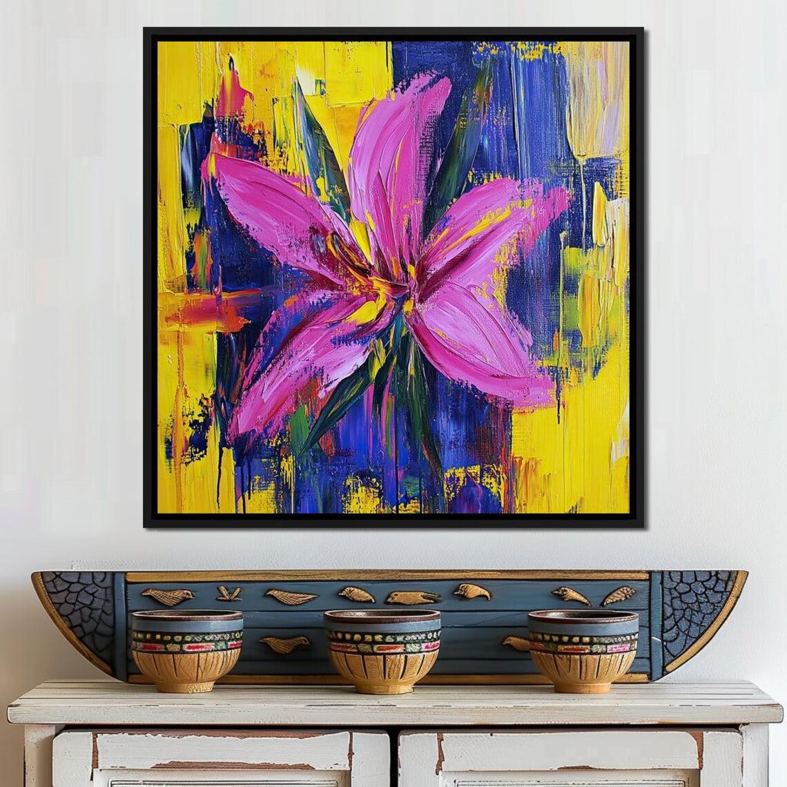 Vibrant Pink Flower Yellow Blue Abstract Colorful Floral Art Poster