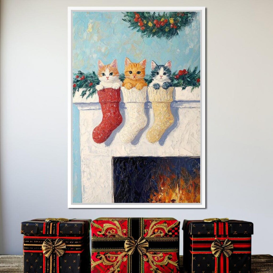 Three Cute Kittens In Christmas Stockings By The Fireplace Poster - Image 2