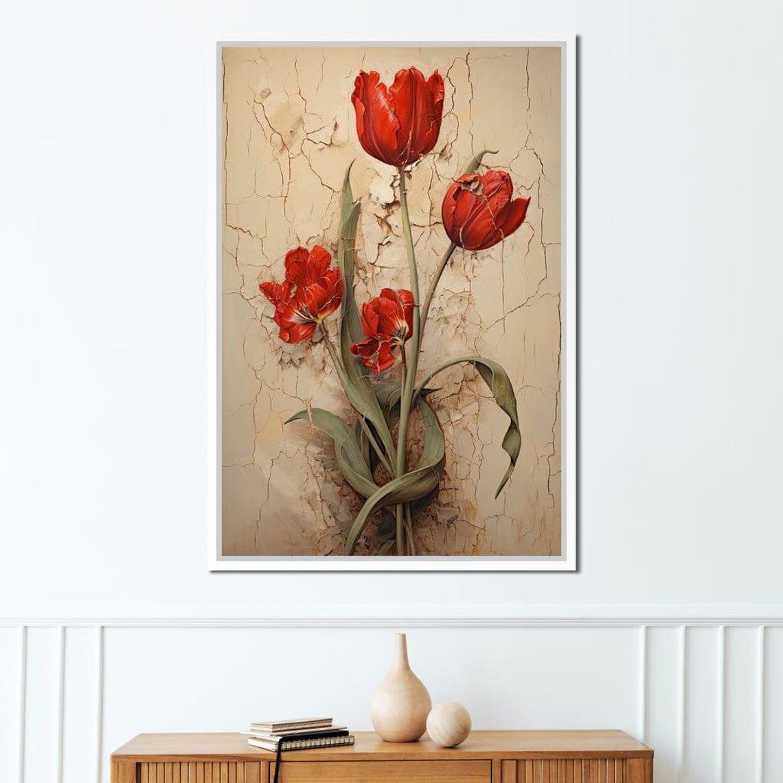 Red Tulips Vintage Cracked Texture Botanical Still Life Art Poster