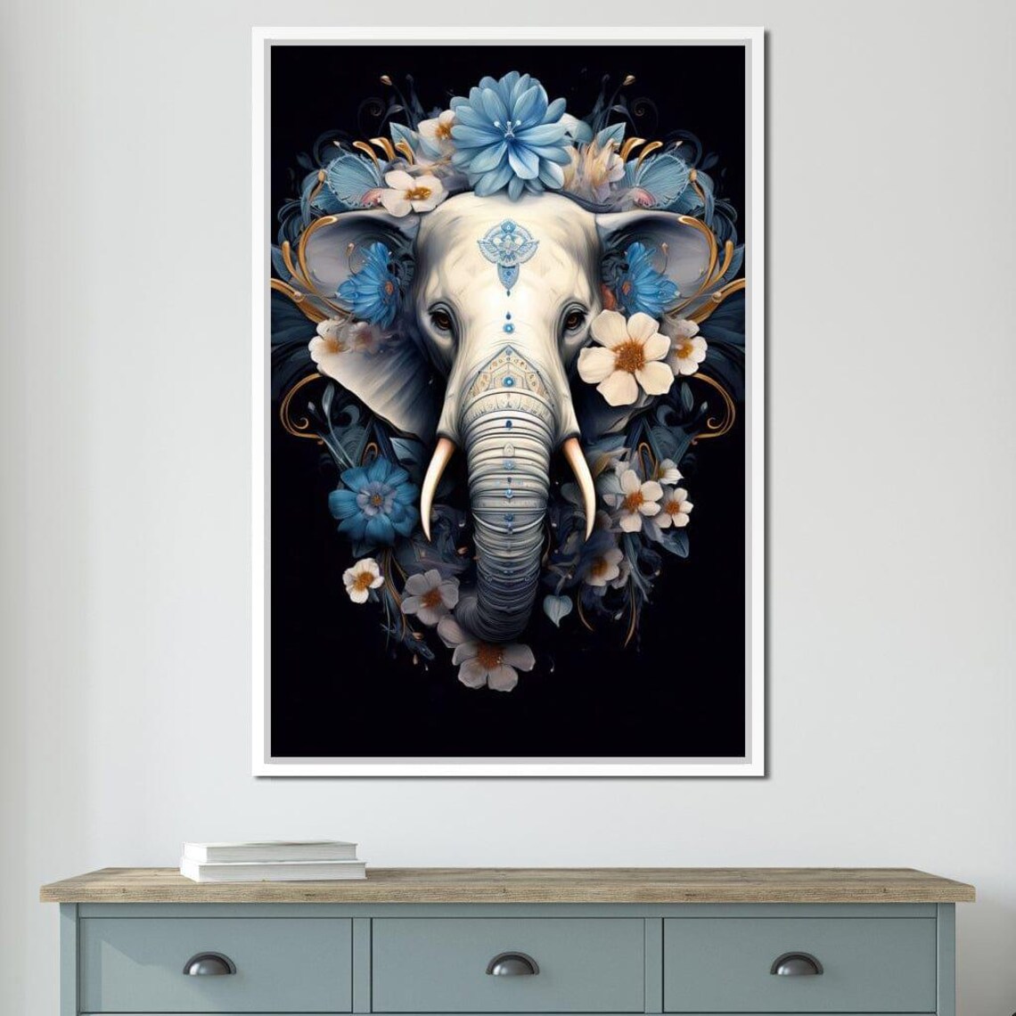 Blue White Floral Elephant Totem Ornate Headdress Spiritual Wall Art Poster - Image 3