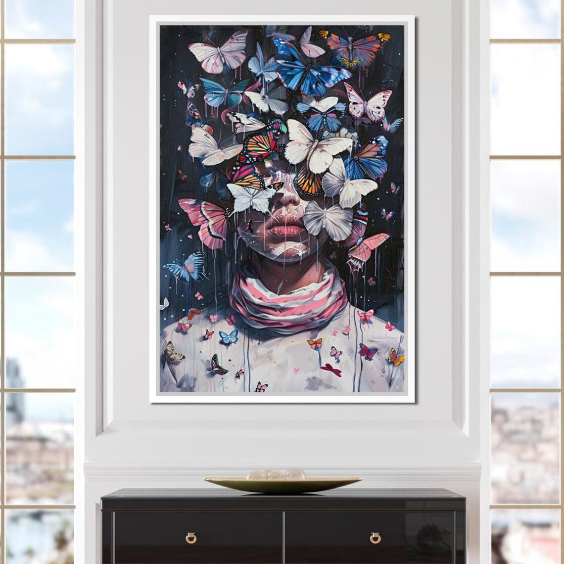 Surreal Woman Butterfly Storm Swirl Dreamy Pink Blue Portrait Poster - Image 2