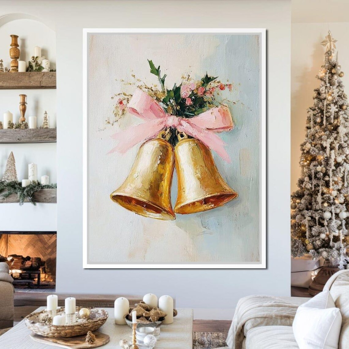 Golden Christmas Bells With Pink Bow Floral Holiday Wall Poster