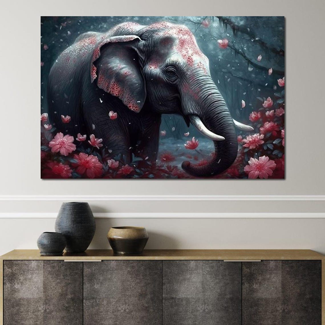 Majestic Elephant Pink Blossoms Misty Forest Nature Inspired Wall Art - Image 4