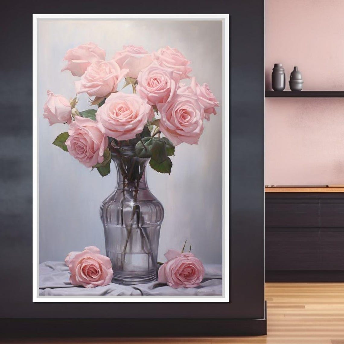 Pink Roses Glass Vase Romantic Floral Still Life Elegant Wall Art