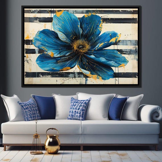 Golden Petal Burst On Stripes Floral Wall Art Blue Flower Art Bold Abstract Floral Modern Decor Elegant Print By Nichecanvas