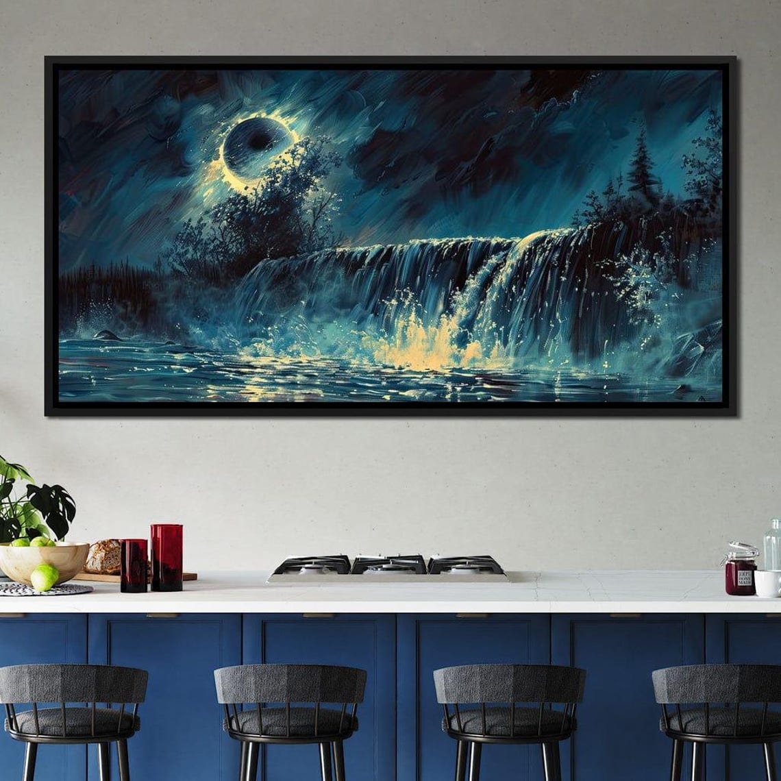Moonlit Cascade Night Waterfall Under Full Moon Teal Landscape Poster