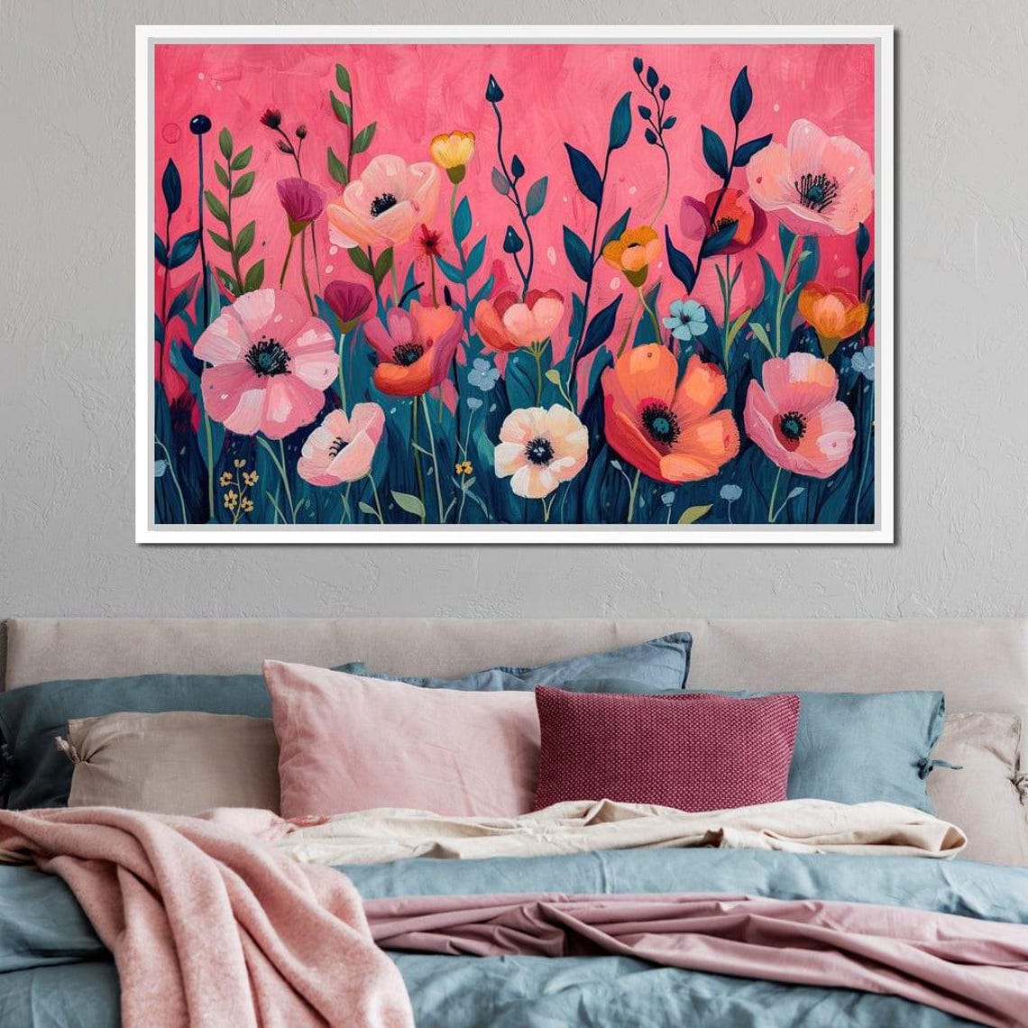 Pink Poppy Meadow Five Panel Floral Canvas Modern Home Wall Art - Image 2