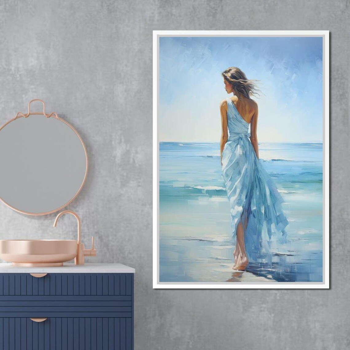 Woman Blue Dress Ocean Edge Calm Sea Coastal Serene Wall Art Print