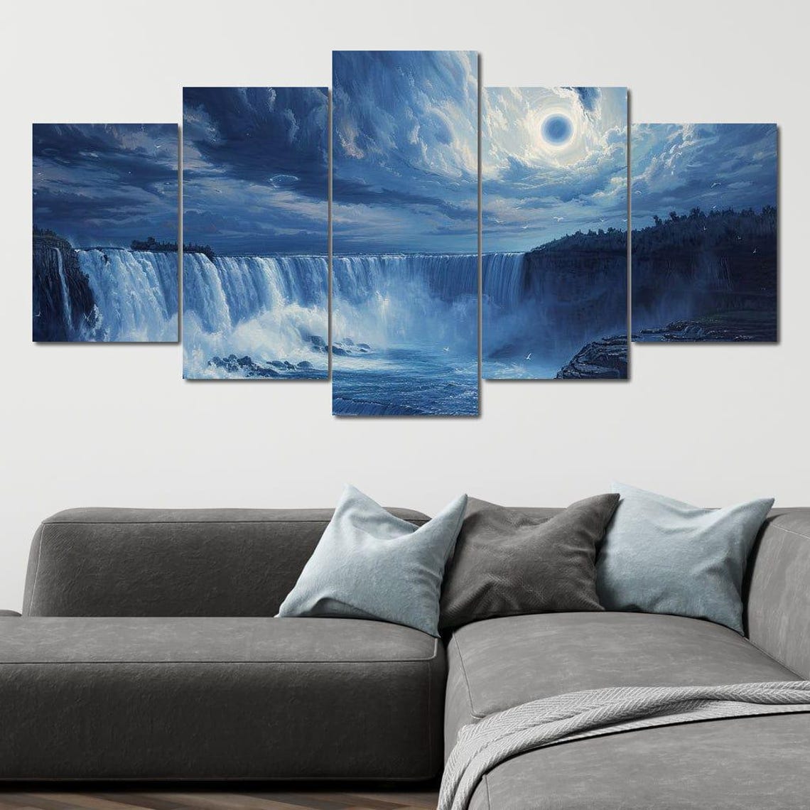 Lunar Cascade Serenity Moonlit Waterfall Scene Tranquil Lunar Art Ethereal Wall Decor Night Sky Landscape By Nichecanvas - Image 4