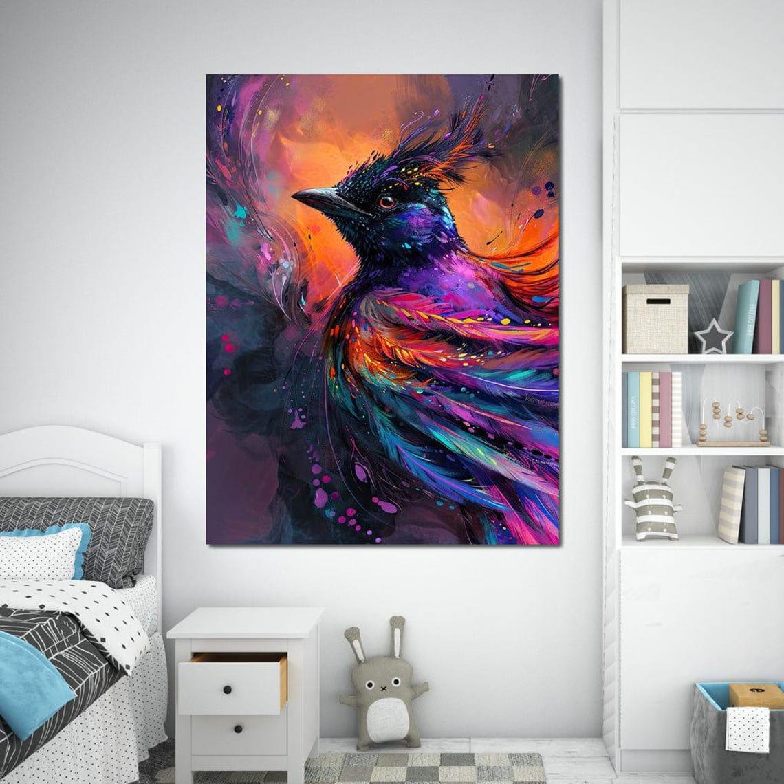 Vibrant Raven Feather Swirl Abstract Purple Orange Bird Art Poster - Image 3