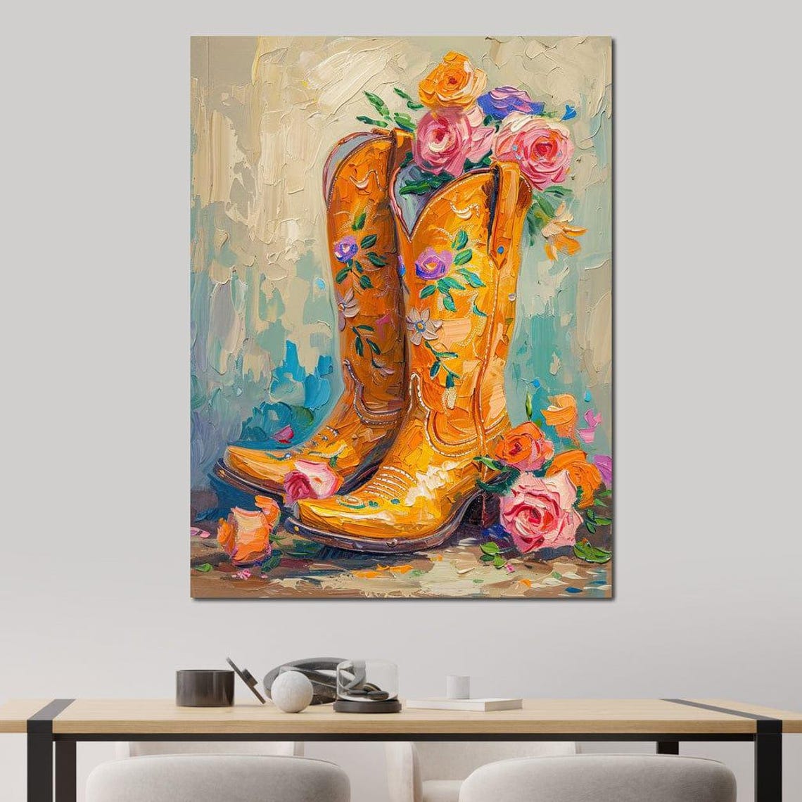 Yellow Embroidered Cowboy Boots Flowers Western Rustic Wall Poster - Image 2
