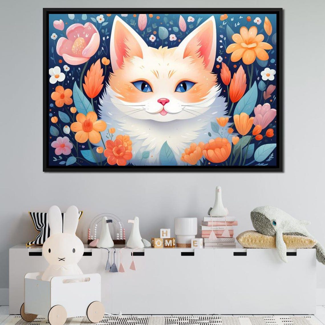 Adorable Kitten Among Orange Pink Flowers Dark Blue Pet Art Poster - Image 2