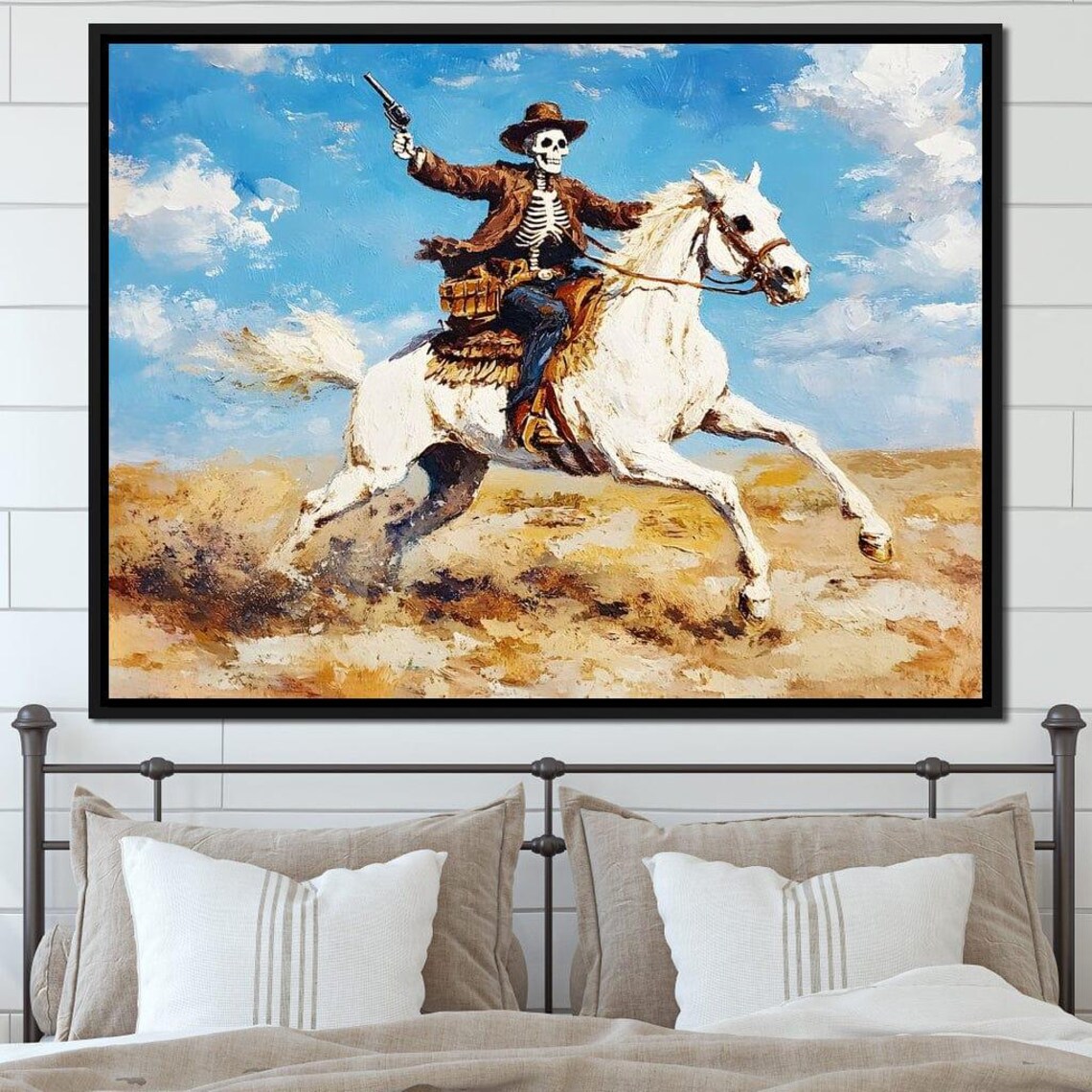 Skeleton Cowboy Riding a White Horse Across the Desert Poster - Image 4