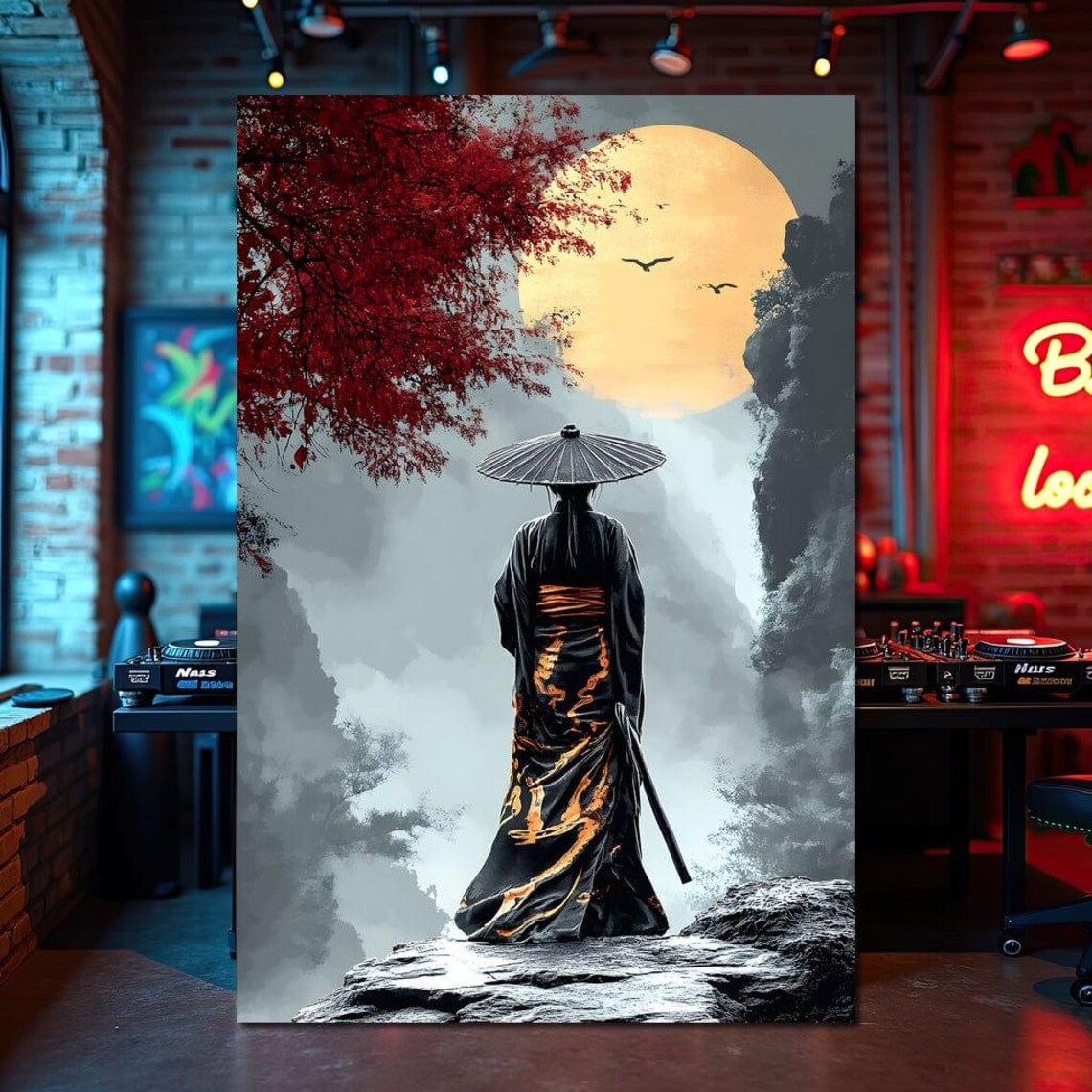 Japanese Figure In Kimono And Hat Under A Golden Moon Zen Wall Art - Image 4