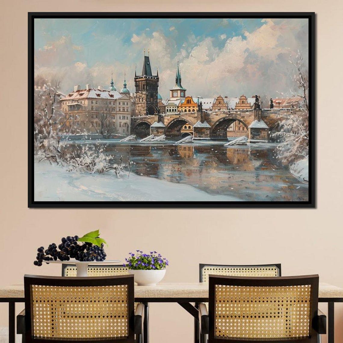 Prague Charles Bridge Snowy Winter River Five Panel Canvas Art Poster - Image 4