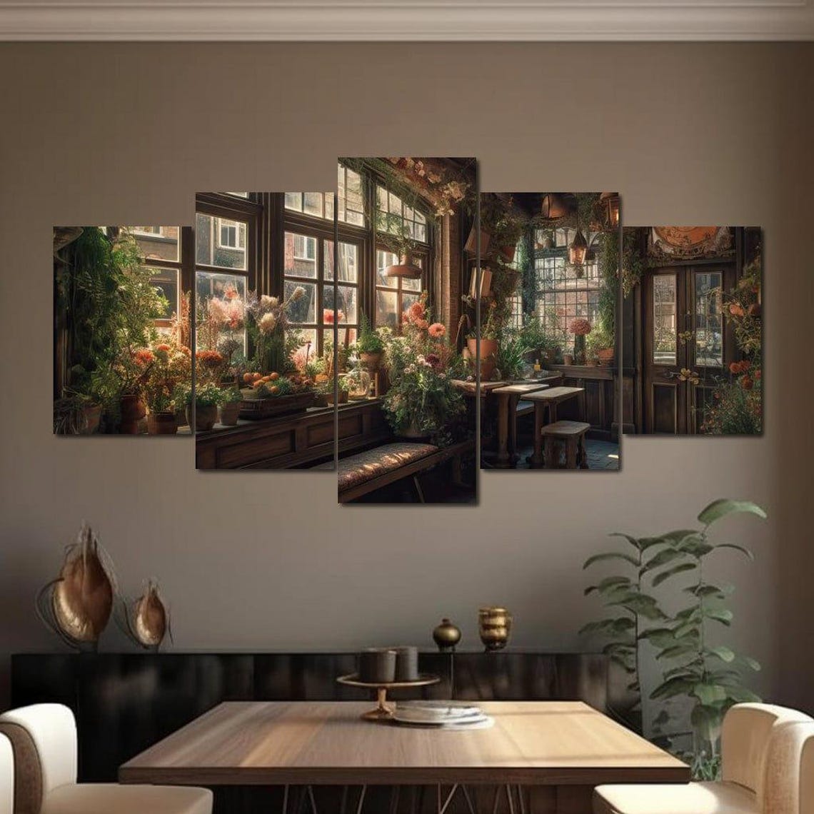 Rustic Plant Filled Cafe Interior Five Piece Split Canvas Wall Art - Image 4