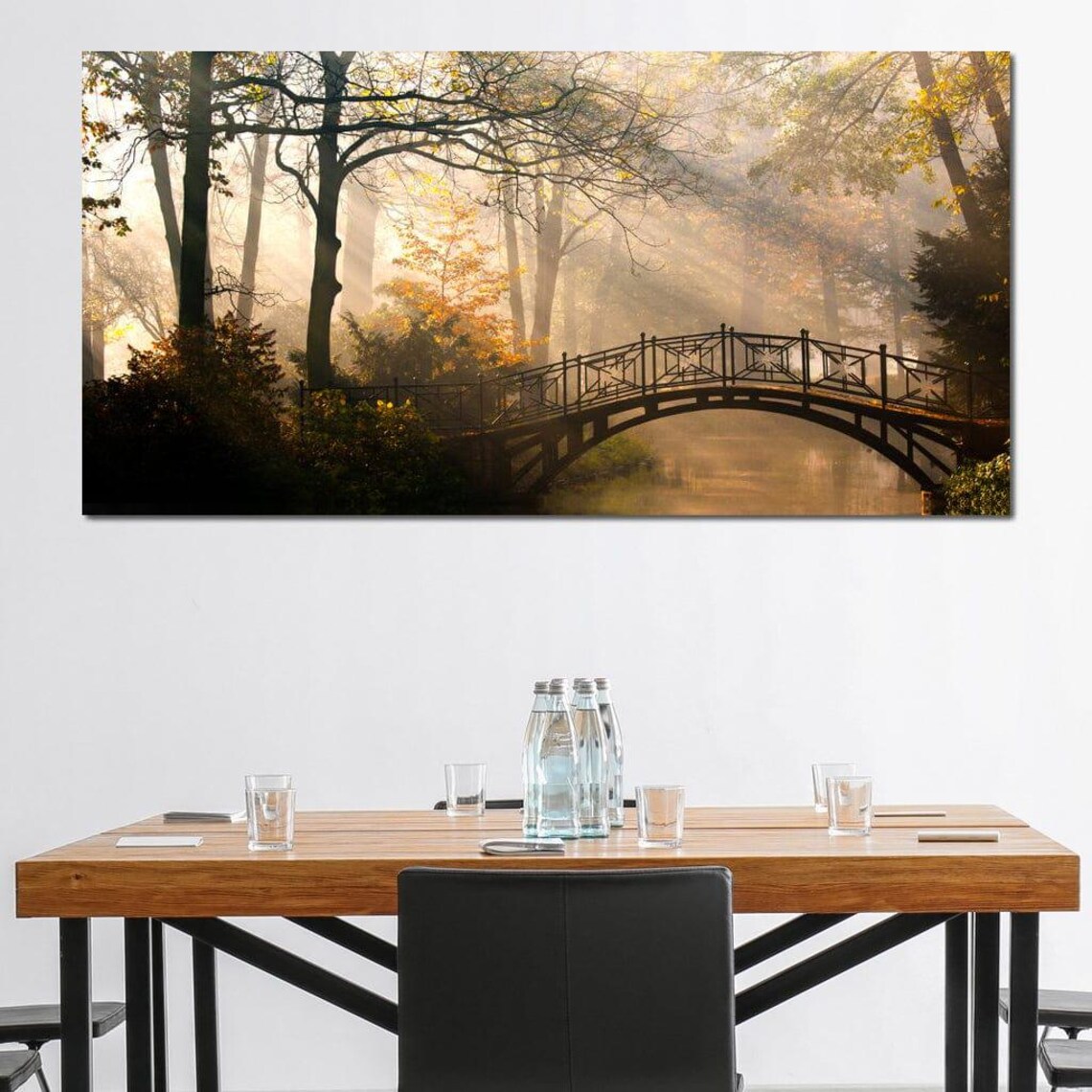 Misty Park Bridge Autumn River Golden Morning Landscape Travel Poster - Image 3