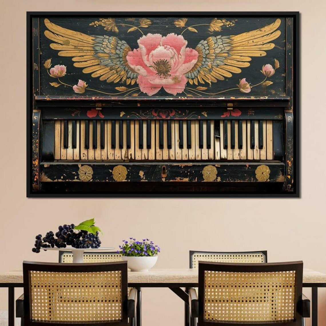 Antique Painted Piano Golden Wings Pink Peony Vintage Music Art Print - Image 4