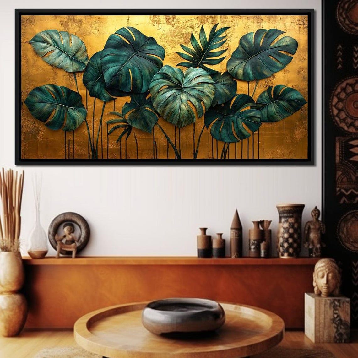 Emerald Monstera Leaves Gold Textured Background Botanical Wall Art - Image 2