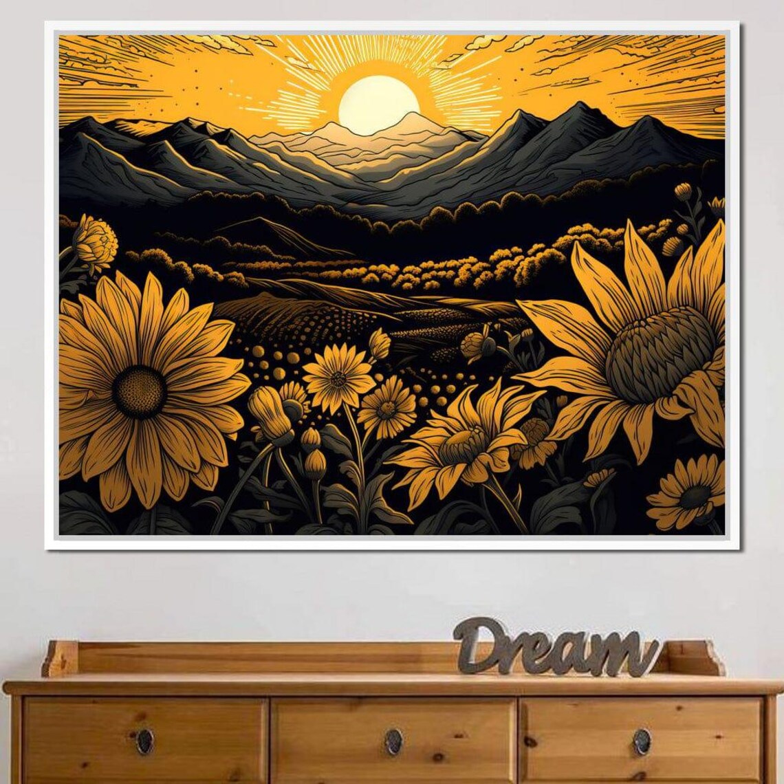 Golden Hour Sunflower Field At Sunset Mountain Landscape Art Poster - Image 3