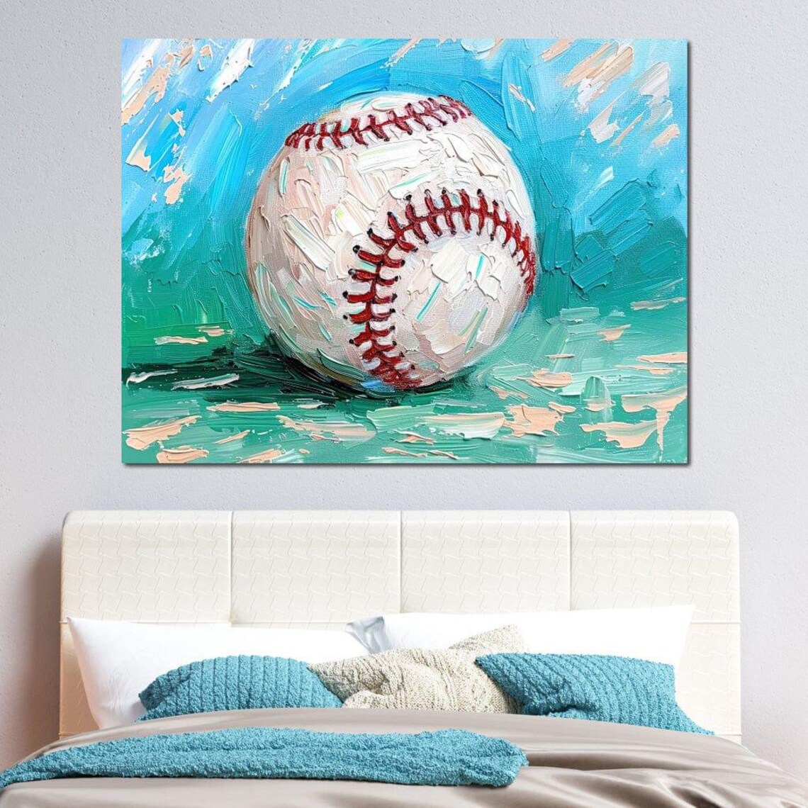 Baseball Oil Painting Teal Background Impasto Sports Art Wall Print - Image 2