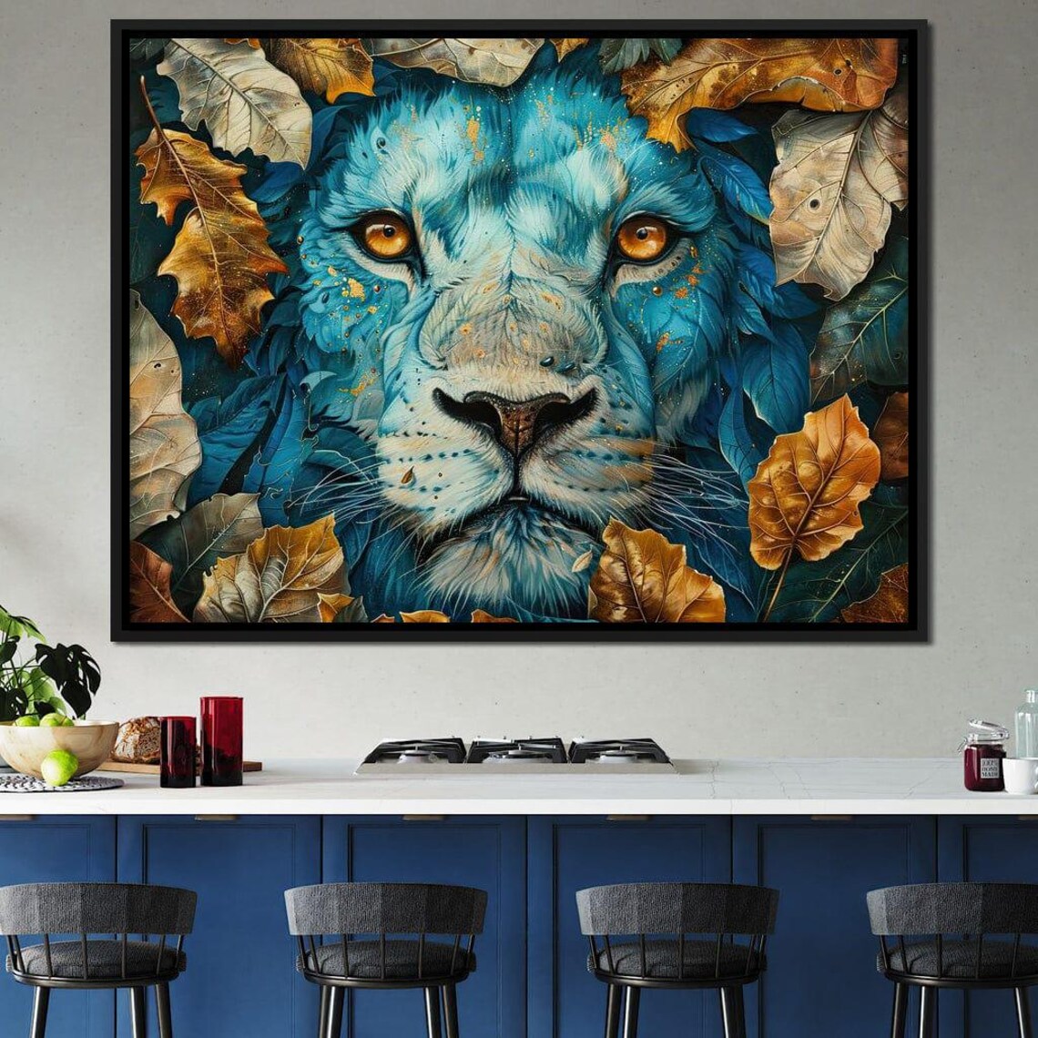Sapphire Blue Lion Face Framed Autumn Leaves Bold Animal Art Poster - Image 3